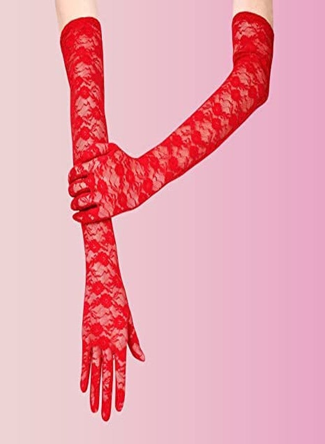 KETKAR Elegant Satin Lace Gloves Long Bridal Gloves forBride Flower Girls Women Wedding Prom Party_Red - Image 2
